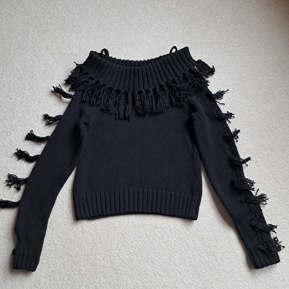 Shyanne Off-the-Shoulder Black Sweater with Fringe